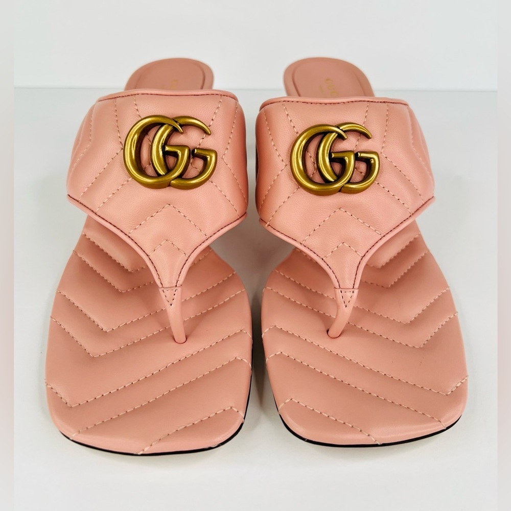 Gucci Marmont Double G Chevron GG Logo Pink Thong Mule Kitten Sandals Size EU 40 - Picture 10 of 11